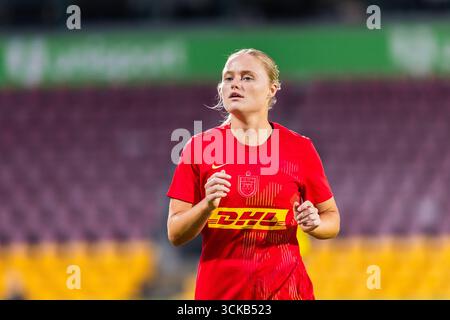 Farum, Dänemark. September 2025. Grace Wisnewski vom FC Nordsjaelland wurde während des Qualifikationsspiels des UEFA-Europapokals der Frauen zwischen dem FC Nordsjaelland und den Kups rechts im Dream Park in Farum gesehen. Quelle: Gonzales Photo/Alamy Live News Stockfoto