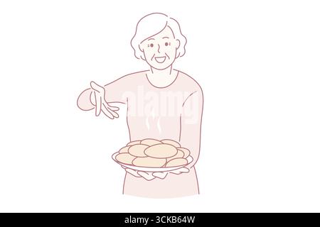 Behandlung von Großmutter und Lebensmittelkonzept. Lächelnd glücklich ältere Frau Großmutter hält Teller voll von frisch gebackenen Kuchen Kuchen Vektor-Illustration Stock Vektor