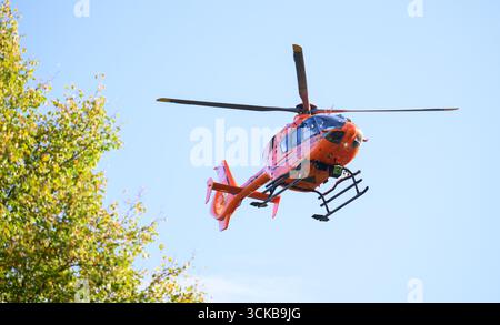 Pattensen, Deutschland. September 2025. Ein Luftrettungshubschrauber startet am Unfallort auf der Bundesautobahn B3 in der Region Hannover. Heute Morgen war ein LKW-Fahrer von der B3 über die entgegenkommende Spur gefahren und auf mehrere Bäume gestoßen. Quelle: Julian Stratenschulte/dpa/Alamy Live News Stockfoto