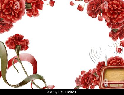 Nelke Revolution 25 april 1974 in Portugal in horizontaler Vorlage. Vintage rote Radio nostalgische Mid-Century Design rote Blumen und Bänder farbig Stockfoto