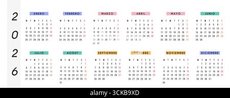 2026 yearly calendar in Spanish language, horizontal design with modern colorful month headers. Printable wall or desk planner for home, office Stock Vektor