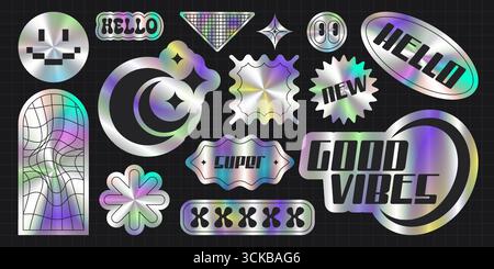 Holografische y2k-Vibe-Aufkleber, isoliert auf schwarzem Hintergrund. Vektor-realistische Illustration von irisierenden runden, quadratischen, Blumenform Aufnähern mit abstrakten Ikonen, glänzenden silbernen Folienanhänger, Retro-Design Stock Vektor