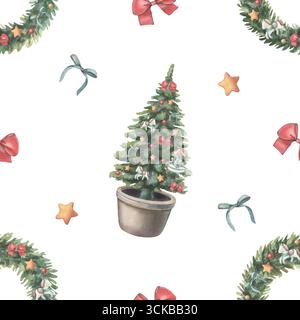 Nahtloses Weihnachtsmuster mit verziertem Baum und Kranz, Bögen, Sternen, Ornamenten. Handgezeichneter Clipart isoliert auf weiß zum Einpacken von Papier, Textilien Stockfoto