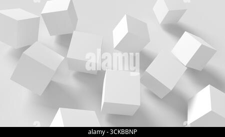 Gruppe von weißen Würfeln, die auf grauem Hintergrund Rollen. Isoliert. 3D-Abbildung. Stockfoto