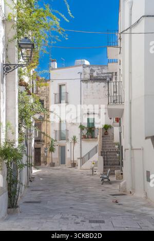Ein Bild von Gebäuden zwischen Steingassen und mediterranen Balkonen im historischen Zentrum unter blauem Himmel, Süditalien. Grottaglie (Apulien, Italien) Stockfoto