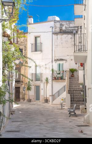 Ein Bild von Gebäuden zwischen Steingassen und mediterranen Balkonen im historischen Zentrum unter blauem Himmel, Süditalien. Grottaglie (Apulien, Italien) Stockfoto