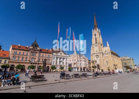 NOVI SAD, SERBIEN - 3. OKTOBER 2021: Name der Marienkirche auf dem Trg Slobode-Platz in Novi Sad, Serbien Stockfoto