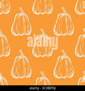 Kuscheliges, nahtloses Herbstmuster mit weißer Kürbissilhouette auf orangefarbenem Hintergrund. Herbstmotiv, Vektorgrafik Stock Vektor