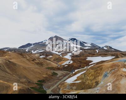 Dramatische Aussicht auf das isländische Hochland mit mehrfarbigen Rhyolithhügeln, schneebedeckten Hängen, einem sich windenden Fluss und einem markanten Berggipfel aus der Vogelperspektive. Stockfoto