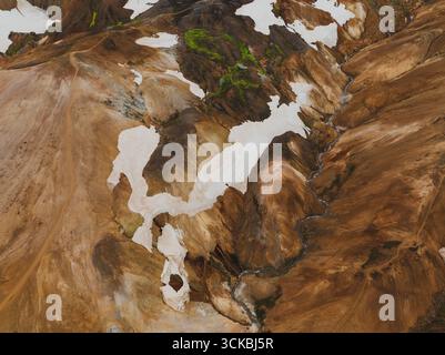 Aerial image of Landmannalaugar's vibrant rhyolite mountains in Iceland, featuring orange, brown, and beige hues with scattered snow and a winding str Stockfoto