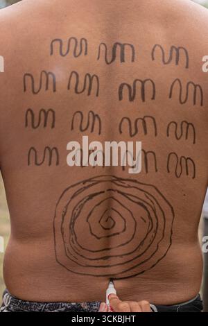 Eine Nahaufnahme des Rückens einer Person mit komplizierten Tribal Body Art mit wellenförmigen Linien und einem Spiraldesign Stockfoto