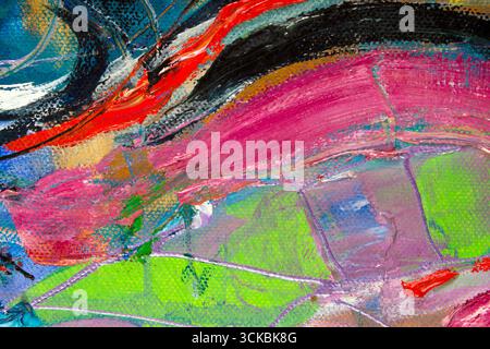 Multitouch-bildschirm mit brillanten farbigen original Oil Painting semi-abstrakten Nahaufnahme Detail Übersicht brushwork und Leinwand Texturen - Abstrakte detail Stockfoto