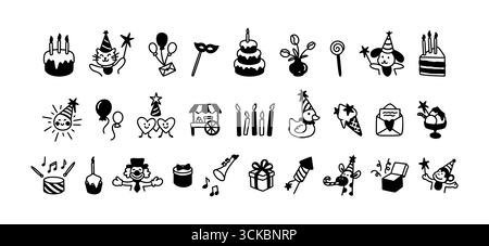 Happy Birthday: Niedliche Linien-Kritzelsymbole. Kindliche, skurrile Kreidekreide. Lustiger Clown, Hund, Auto, Giraffe, Affe und andere Charaktere. Feier i Stock Vektor