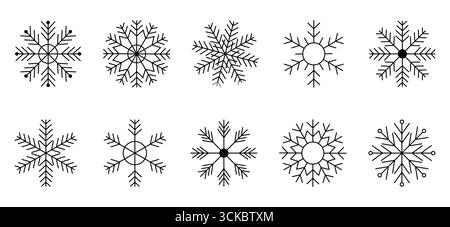 Niedliche Schneeflocken-Sammlung isoliert auf weißem Hintergrund. Flache Schneeklikonen, Silhouette. Schönes Element für Weihnachtsbanner, Karten. Stock Vektor