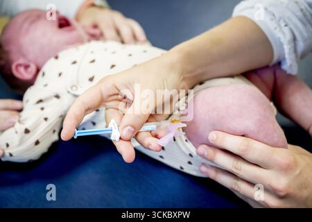 MAARTENSDIJK - Babys werden von einem Mitarbeiter des städtischen Gesundheitsdienstes (GGD) geimpft. Der RS-Impfstoff schützt Babys vor schweren Erkrankungen, die durch das RS-Virus verursacht werden. Ab Herbst 2025 wird Babys der RS-Impfstoff angeboten. Dieser Impfstoff ist für Säuglinge erhältlich, die ab dem 1. April 2025 geboren wurden. ANP /HOLLANDSE HOOGTE /ROBIN UTRECHT niederlande Out - belgien Out Stockfoto