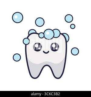 Niedlicher Tooth Cartoon Charakter mit Schaum aus Zahnpasta auf der Oberseite. Happy Tooth Icon für Kinderzahnklinik. Dentalhygienekonzept Stock Vektor