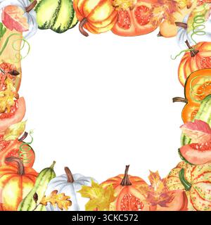 Orangefarbene, weiße, grüne Kürbisse, Eichen- und Ahornblätter in quadratischem Rahmen. Dekoration für das Herbstfest. Thanksgiving Clipart. Handgezeichnete Abbildung f Stockfoto