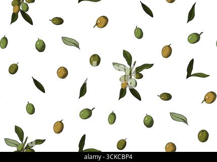 Olivenbeeren und nahtloses Muster der Zweige. Vektorgrafik Linie farbige Illustration. Beeren mit und ohne Gruben. Eine Olive, ein Tropfen Olivenöl. v Stock Vektor