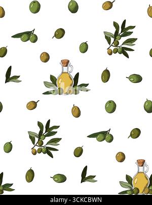 Nahtloses Muster der Oliven- und Olivenölflasche. Vektorgrafik Linie farbige Illustration. Olivenzweige auf beigem Banner, Poster, Geschenkpapier, Stock Stock Vektor