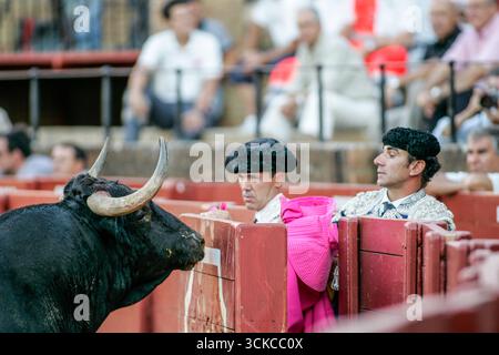 Sevilla, Spanien, 15. August 2007, in der Stierkampfarena Maestranza von Sevilla stehen die Subalternatoren wachsam, während der Stier mit dem Burladero kollidiert und dessen m beobachtet Stockfoto