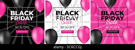 Black Friday. Verkauf von bis zu 50 Prozent. Set quadratischer Poster und Banner für soziale Netzwerke. Vektorabbildung. Stock Vektor