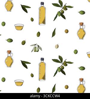 Nahtloses Muster von Olivenzweig und Ölflasche. Vektorgrafik Linie farbige Illustration. Olivfarbener Hintergrund. Mediterrane Essenstapete. Illustrati Stock Vektor