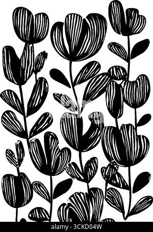 Abstrakte Magnolienblüten- und Knospenmuster in Schwarz-weiß – botanisches Design für Druck und Dekoration. Stock Vektor