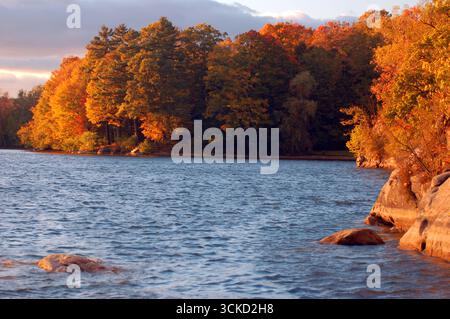 Die letzten verbliebenen Lichtstrahlen treffen an einem sonnigen Herbsttag auf das farbenfrohe Herbstlaub an einem See in New England Stockfoto