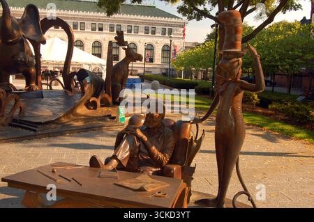 Eine Statue von Theodore Geisel, besser bekannt als Dr. Seuss, befindet sich inmitten von Skulpturen seiner Zeichentrickfiguren wie die Katze im Hut Stockfoto