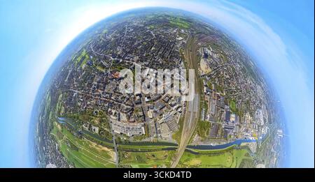 Luftaufnahme, Hamm Hauptbahnhof, Bahnhofsviertel, Stadt, Santa-Monica-Platz, Lippe und Datteln-Hamm-Kanal, Globus, Fischaugenaufnahme, Fischaugenlinse, 360 Stockfoto