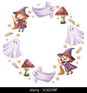 Aquarellkomposition mit Hexen, Geistern, Pilzen und Sternen in einem runden Rahmen. Ein niedlicher Stil, perfekt für Grußkarten und Aufkleber Stockfoto