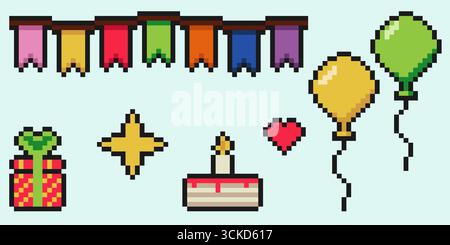 Set mit Vintage-gepixelten Elementen. 8-Bit-Geschenk, Kuchen, Ballons, Wimpelgirlande Stock Vektor