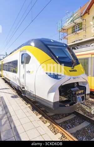 Gelb-weiß moderner Zug auf sonnendurchflutetem Bahnsteig, Batterie Elektrozug mit grünem Strom, Siemens Mireo Plus B, Freudenstadt, Deutschland Stockfoto