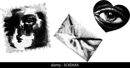 Halbtoncollage aus Herz, Auge und Hülle für emotionale Designprojekte. Stock Vektor