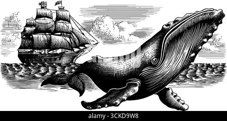 Vintage-Gravur von Walen, die unter einem Segelschiff schwimmen - Retro-Meeresleben-Design für Poster. Stock Vektor