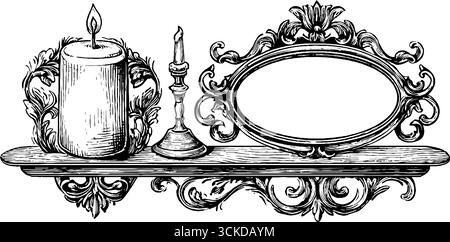 Vintage-Spiegel und Regal mit Kerzenständer - Design für Retro-Dekor und Poster-Kunst. Stock Vektor