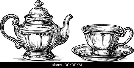 Vintage-Illustration Set aus Teekanne und Tasse für Retro-Küchendekoration. Stock Vektor