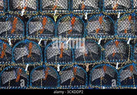 Fischkrebse-Hummertöpfe am Kai, gut am Meer, Nord-norfolk, england Stockfoto
