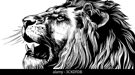 Löwenkopf aus Bronze in graviertem Illustrationsstil für Kunst- und Designprojekte. Stock Vektor