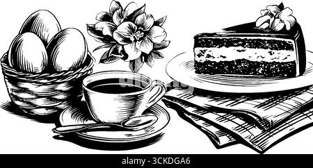 Vintage-osterbrunch mit eingravierter Illustration von Eiern, Kuchen und Kaffee. Stock Vektor