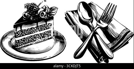 Vintage-Gravur einer mehrlagigen Kuchenscheibe mit Besteck für Retro-Dessert. Stock Vektor