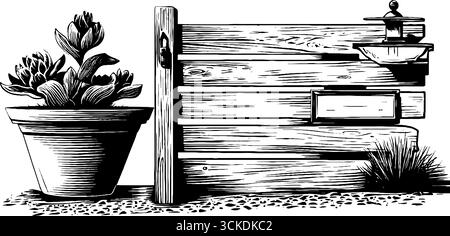 Gravierte Illustration eines minimalistischen Beton-Sets mit Topf- und Holzelementen für Retro-Art-Design. Stock Vektor