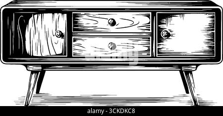 Mid Century Sideboard mit graviertem Illustrationsdesign für Retro-Wohnkultur. Stock Vektor