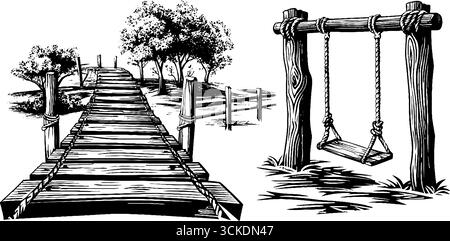 Vintage-Holzseilbrücke und Schaukelset Gravur für Retro-Design-Projekte. Stock Vektor