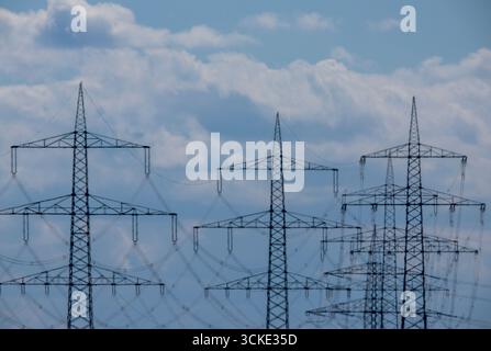 Klein Rogahn, Deutschland. September 2025. Pylonen von Fernleitungen stehen vor einer Trafostation. Quelle: Jens Büttner/dpa/Alamy Live News Stockfoto