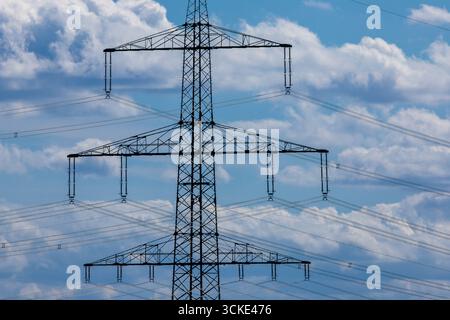 Klein Rogahn, Deutschland. September 2025. Pylonen von Fernleitungen stehen vor einer Trafostation. Quelle: Jens Büttner/dpa/Alamy Live News Stockfoto