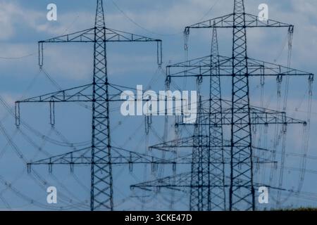 Klein Rogahn, Deutschland. September 2025. Pylonen von Fernleitungen stehen vor einer Trafostation. Quelle: Jens Büttner/dpa/Alamy Live News Stockfoto