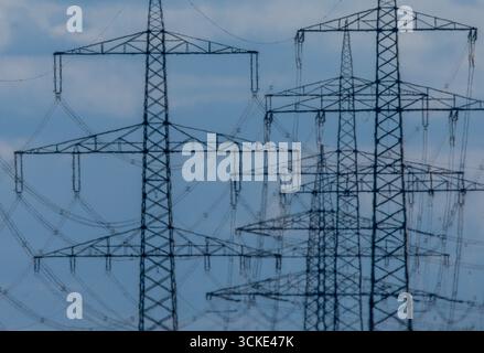Klein Rogahn, Deutschland. September 2025. Pylonen von Fernleitungen stehen vor einer Trafostation. Quelle: Jens Büttner/dpa/Alamy Live News Stockfoto