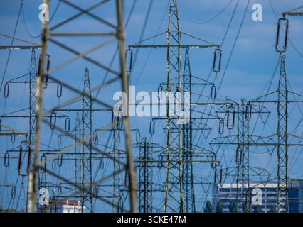 Klein Rogahn, Deutschland. September 2025. Fernleitungsmasten vor einer Trafostation. Quelle: Jens Büttner/dpa/Alamy Live News Stockfoto