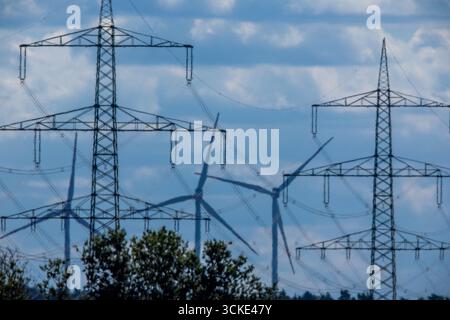 Klein Rogahn, Deutschland. September 2025. Pylonen von Fernleitungen stehen vor einer Trafostation. Quelle: Jens Büttner/dpa/Alamy Live News Stockfoto